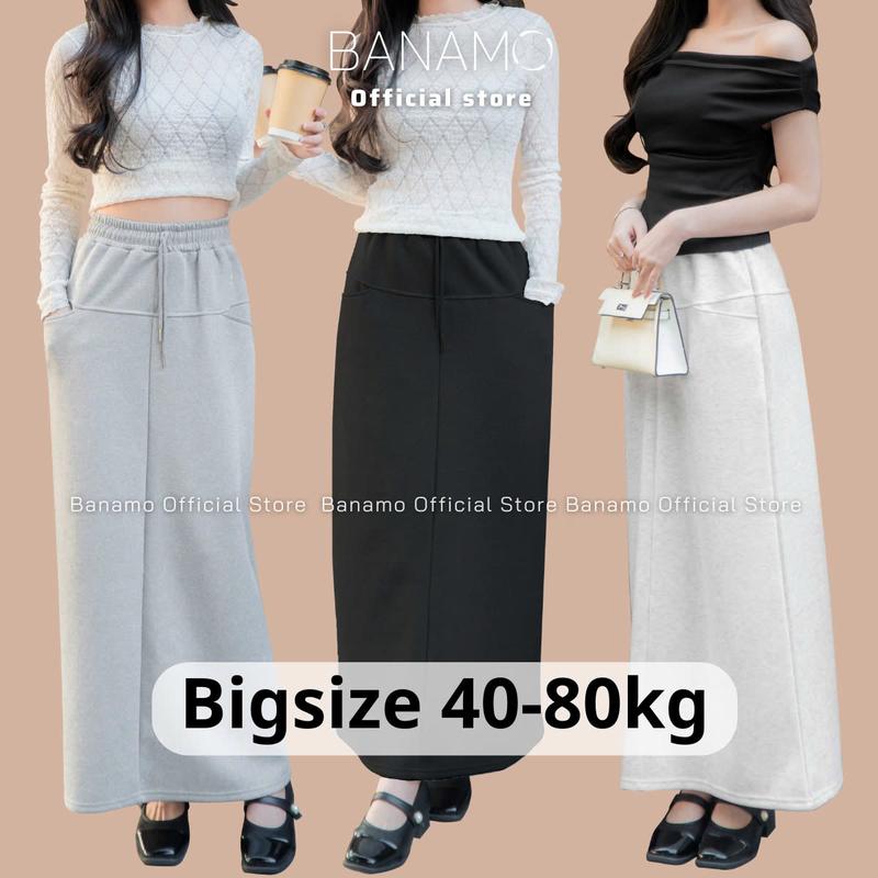 Chân váy nữ Banamo Fashion chân váy nỉ dáng dài cạp chun có dây rút xẻ tà sau váy 2 túi siêu xinh 511