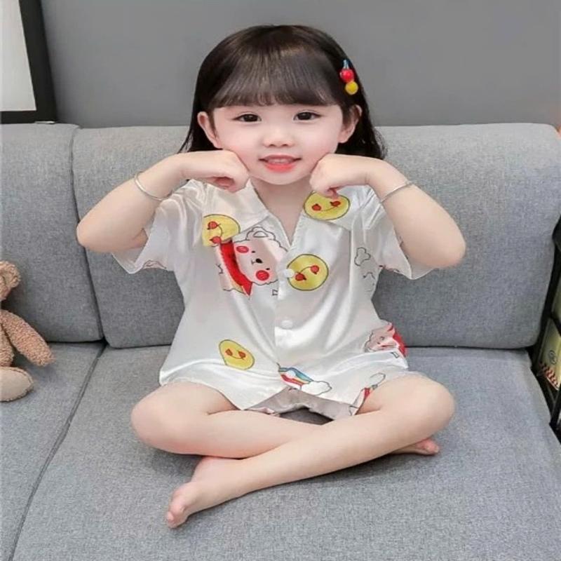 Bộ quần áo cộc tay pijama lụa in hình hoạt hình nhí dễ thương cho bé gái từ 9-33kg 4