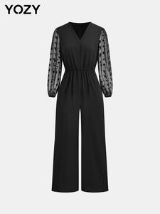 YOZY Women's Plain Bishop Sleeve V Neck Jumpsuit, Casual Long Sleeve Jumpsuit for Spring & Fall, Ladies Clothes for Daily Wear