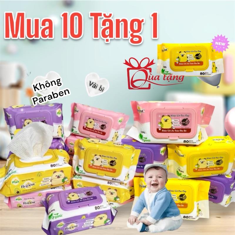 Combo 10 Túi Khăn Giấy Ướt Cao Cấp HygienC Việt Nam An Toàn Cho Da Bé - Túi Lớn - Tặng 1 Gói Cùng Loại