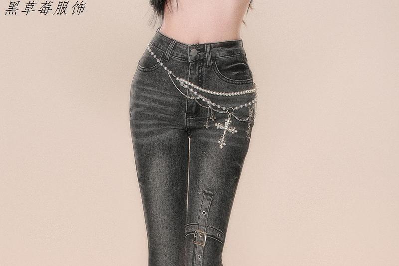 Product Introduction of Quần Dài Ống Loe Denim, Cỡ Nhỏ Kiểu Mỹ, Thiết Kế Ôm Sát, Đường Khâu Sờn, Phong Cách Cổ Điển Nhỏ Màu Đen Và Xám, Dành Cho Thời Trang Thu Đông Của Phụ Nữ Women Pants 6