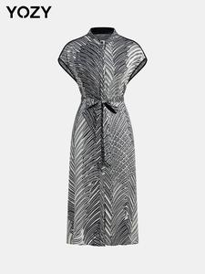 YOZY Women's All Over Print Belted Dress, Casual Knee Length Dress for Summer, Women's Clothing for Daily Wear