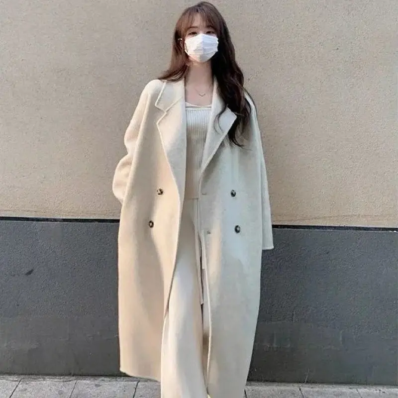 KAGEDSHOP Áo khoác dạ dáng dài 2 lớp form rộng 4 cúc túi sườn be đen, Áo khoác blazer nữ cổ vest chất dạ lì phong cách ulzzang 3