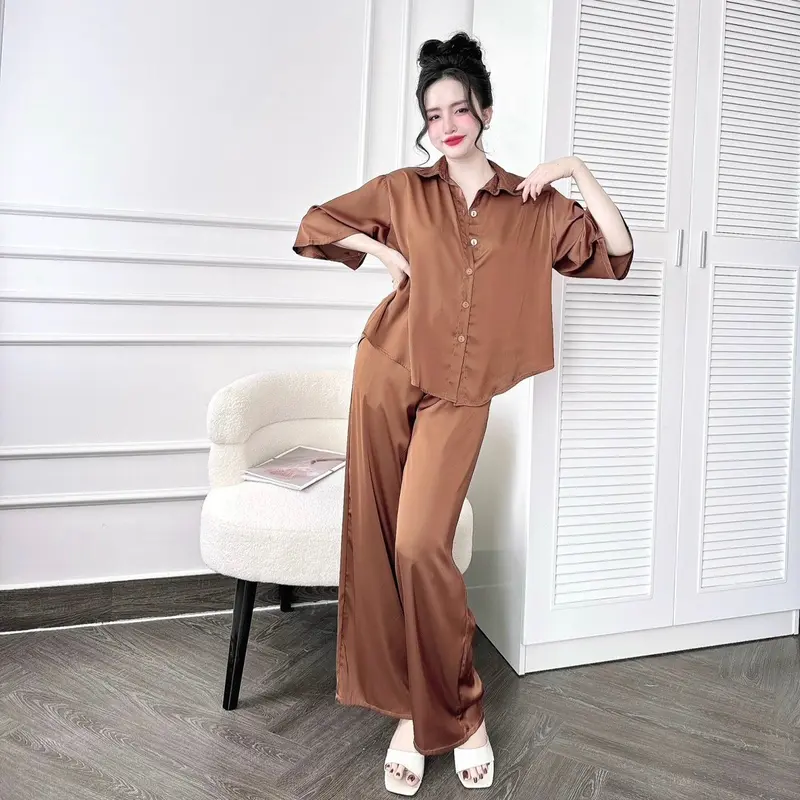 Set Sơ Mi Lụa Latin Tay Lỡ Quần Dài Có Túi (Freesize40-70kg) Women Nữ Áo 7