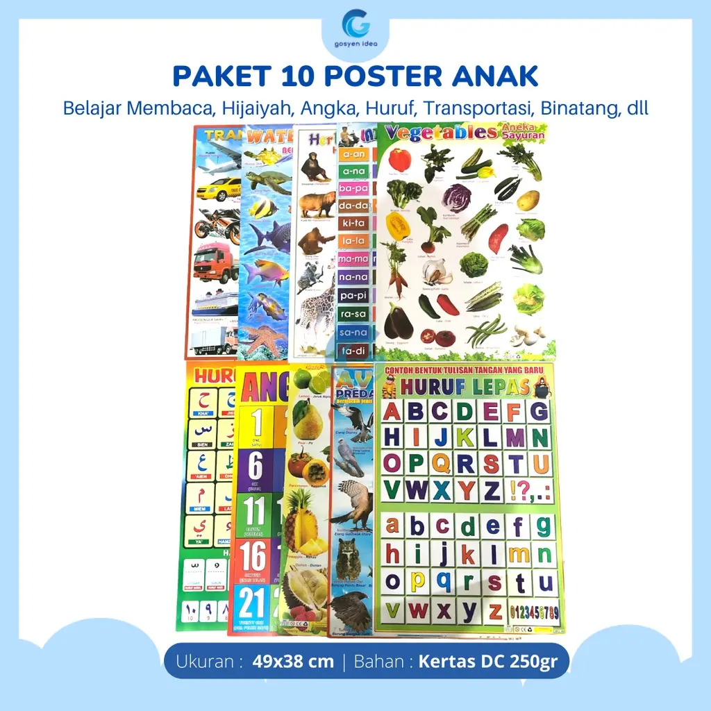 Poster 10 Dinding Belajar Edukasi Angka, Latihan Membaca, Huruf, Hijaiyah, Angka, Transportasi Karton Sekolah