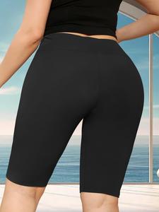 Plus Size Solid High Waist Knee Length Sports Leggings, Gym Shorts, Summer Outfits 2024, Sporty Breathable Comfortable Skinny Shorts, Ladies Sportswear Bottoms for Yoga Gym Fitness, Plus Size Clothing, Gym Clothes, Tummy Control