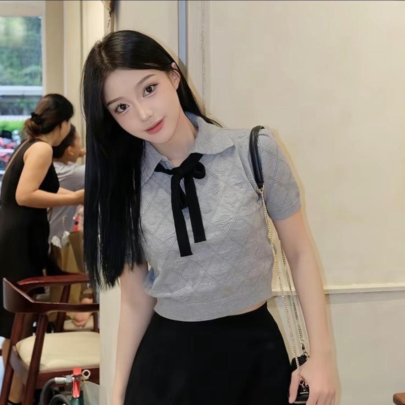 Áo len polo cổ nơ chất len đanh mịn mã A07 Nữ Women mongtoghi Top Đen