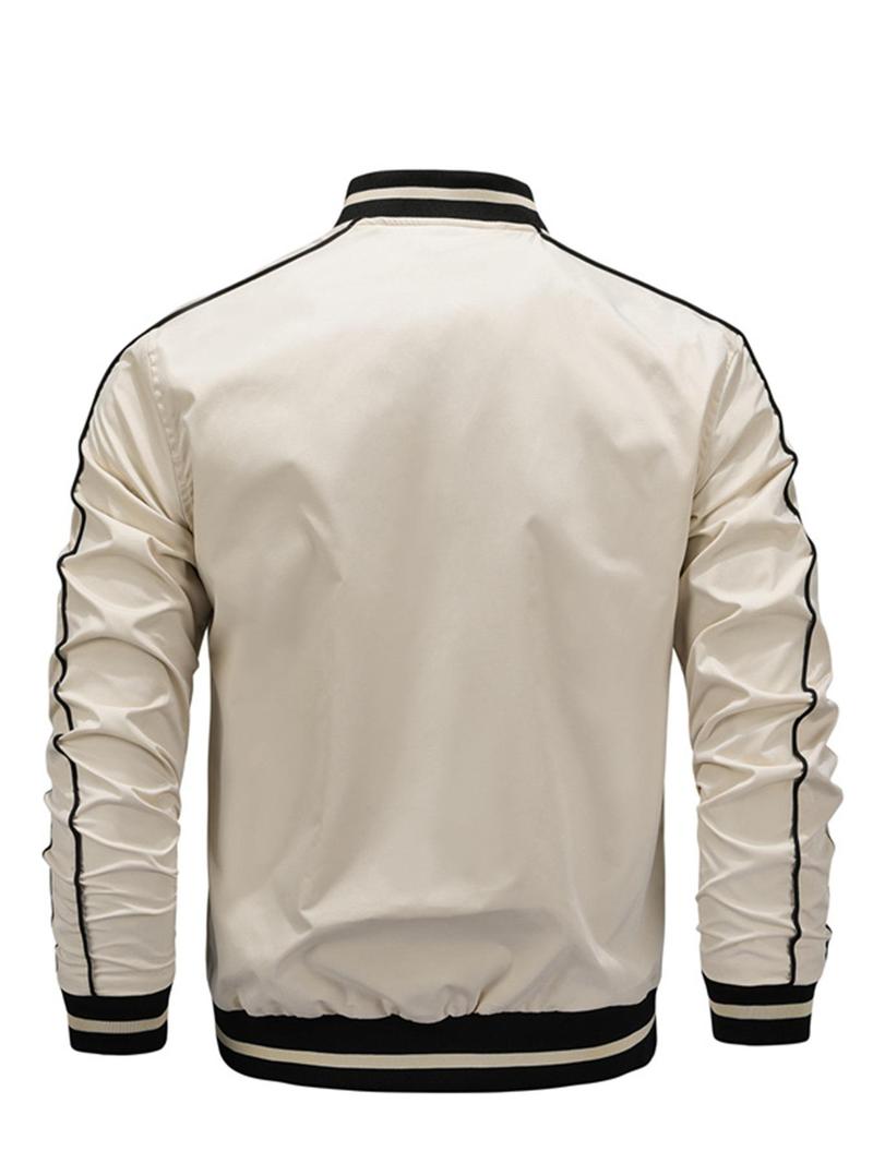 Product Introduction of Men's Striped Trim Zip Up Bomber Jacket, Casual Comfy Long Sleeve Baseball Collar Outerwear for Spring & Fall, Fashion Men's Clothes for Daily Wear 6