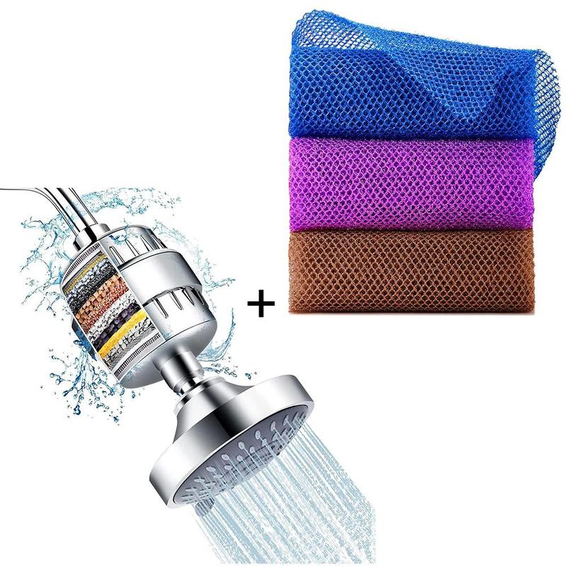 Net Bath Sponge & Shower Head Set, 1 Set Including 3 Counts Bath Sponge Net & 1 Count High Pressure Filtered Showerhead, Bathroom Supplies 0