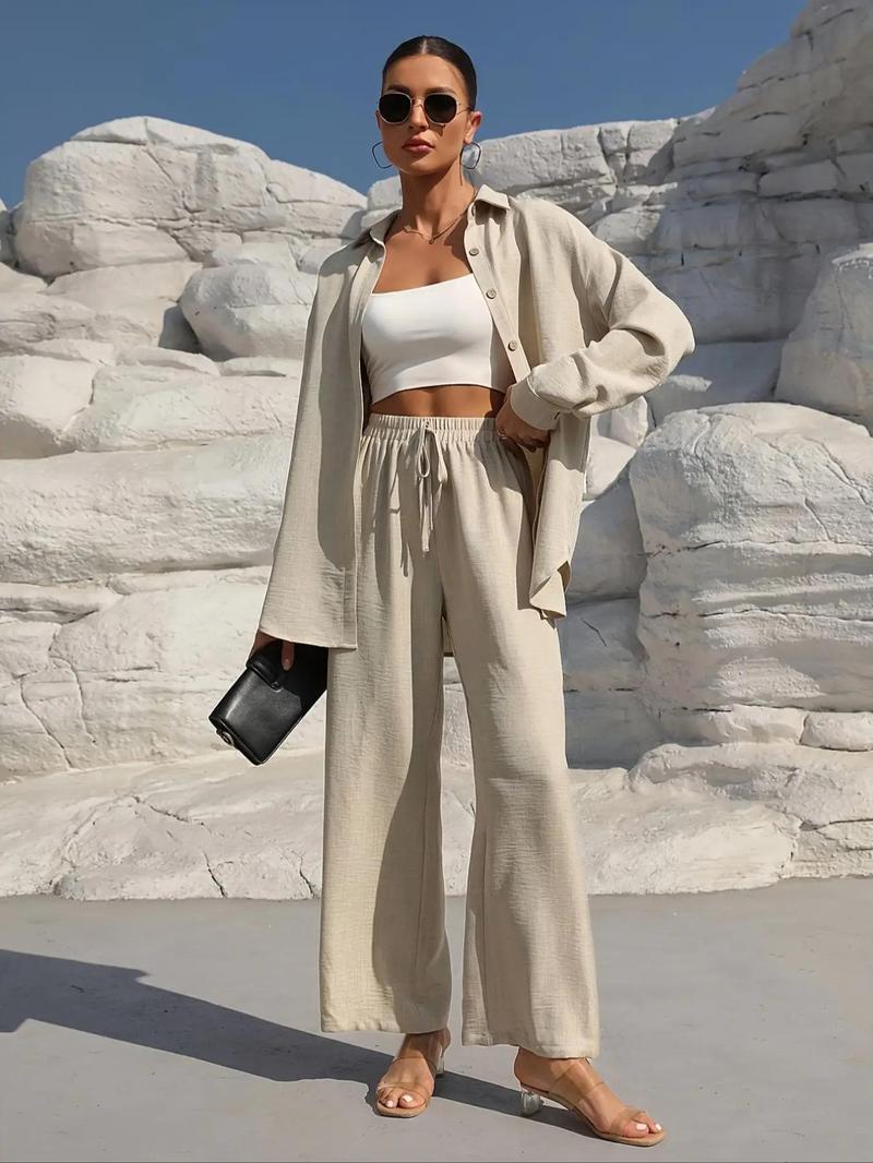 Product Introduction of WOMEN'S solid button front shirt & tie front wide leg pants two-piece set; casual drop shoulder long sleeve top & high waist settee 2 piece set for spring & Fall, WOMEN'S lounge clothes for daily wear 1