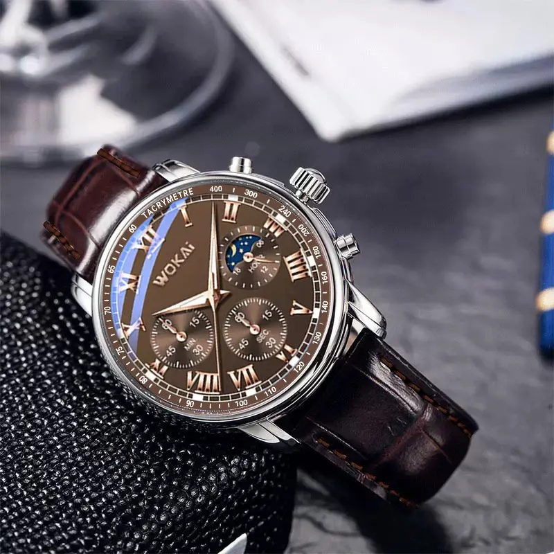 Cross-Border Hot New Men's Leather Belt Watch Casual All-Match Fake Three-Eye Quartz Watch Boy Student Watch