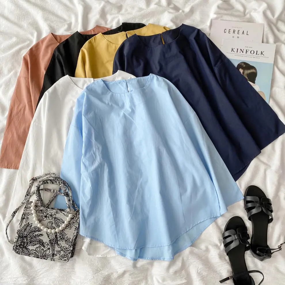Retro Loose Plus Size Women's Solid Color U-neck Shirt 1 Piece