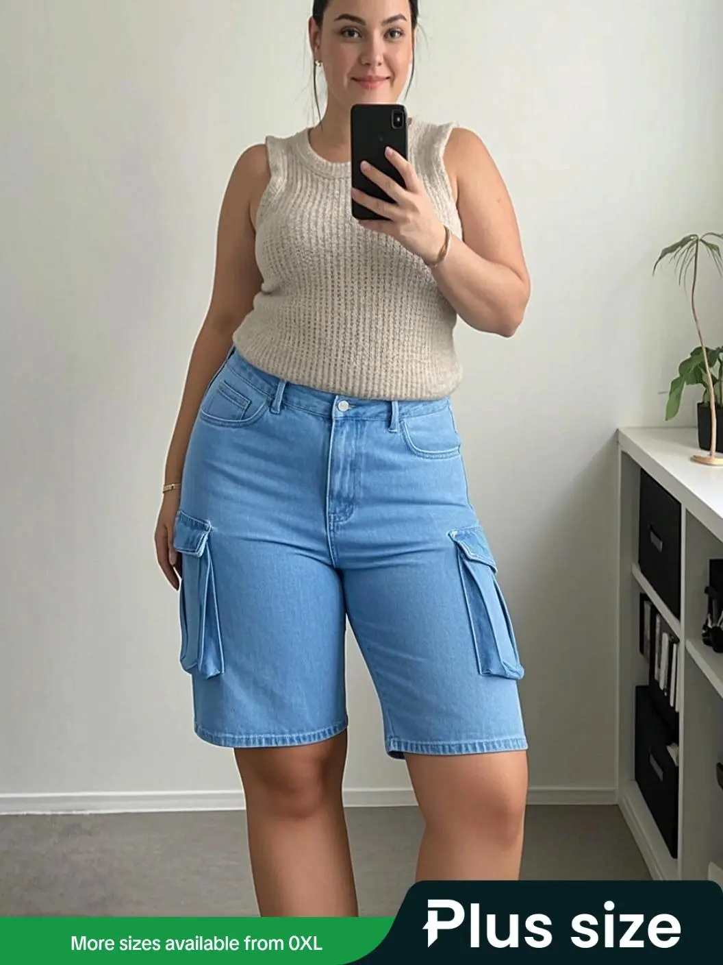 【Plus Size】 Flap Pocket Cargo Denim Shorts, Casual Fashion Denim Shorts for Daily Outdoor Wear, Women Plus Clothing for Summer