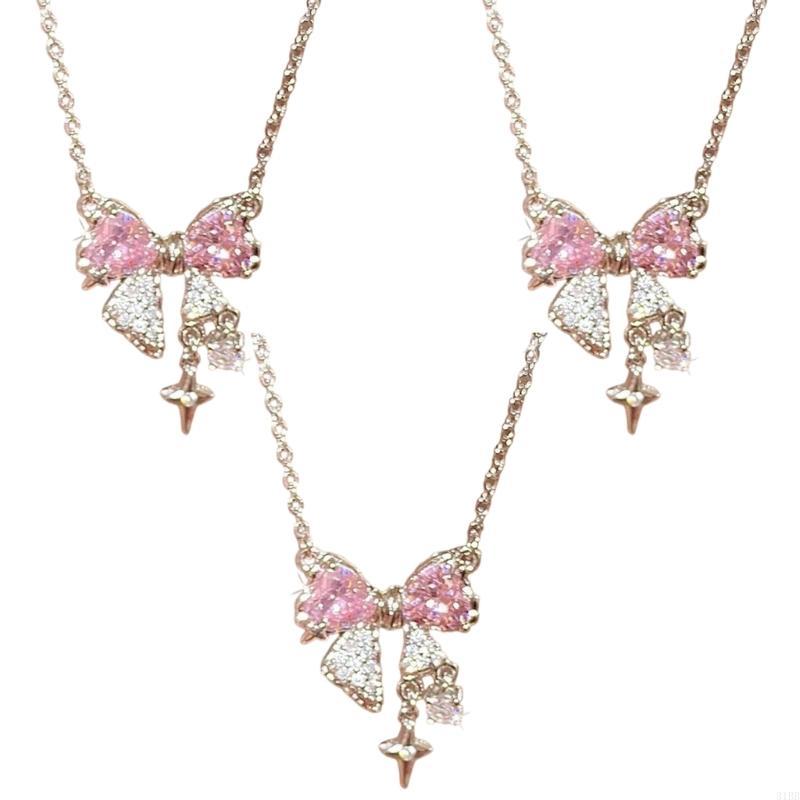 Product Introduction of Explosive Network Red Pink Bright Bow Necklace Ins Students Sweet Cool Girl Clavicle Chain with Light Luxury Senior Sense of Summer 6