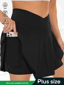 【Plus Size】 Solid Pocket Design High Waist Skort, Casual Comfy Breathable Skort for Yoga Gym Workout, Women's Bottoms for Summer, Skirtswomen