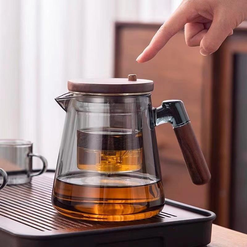 Ấm trà, Bình pha trà thủy tinh có nút ấn BT14, Cốc thủy tinh pha trà, Cốc lọc trà có tay cầm bằng gỗ