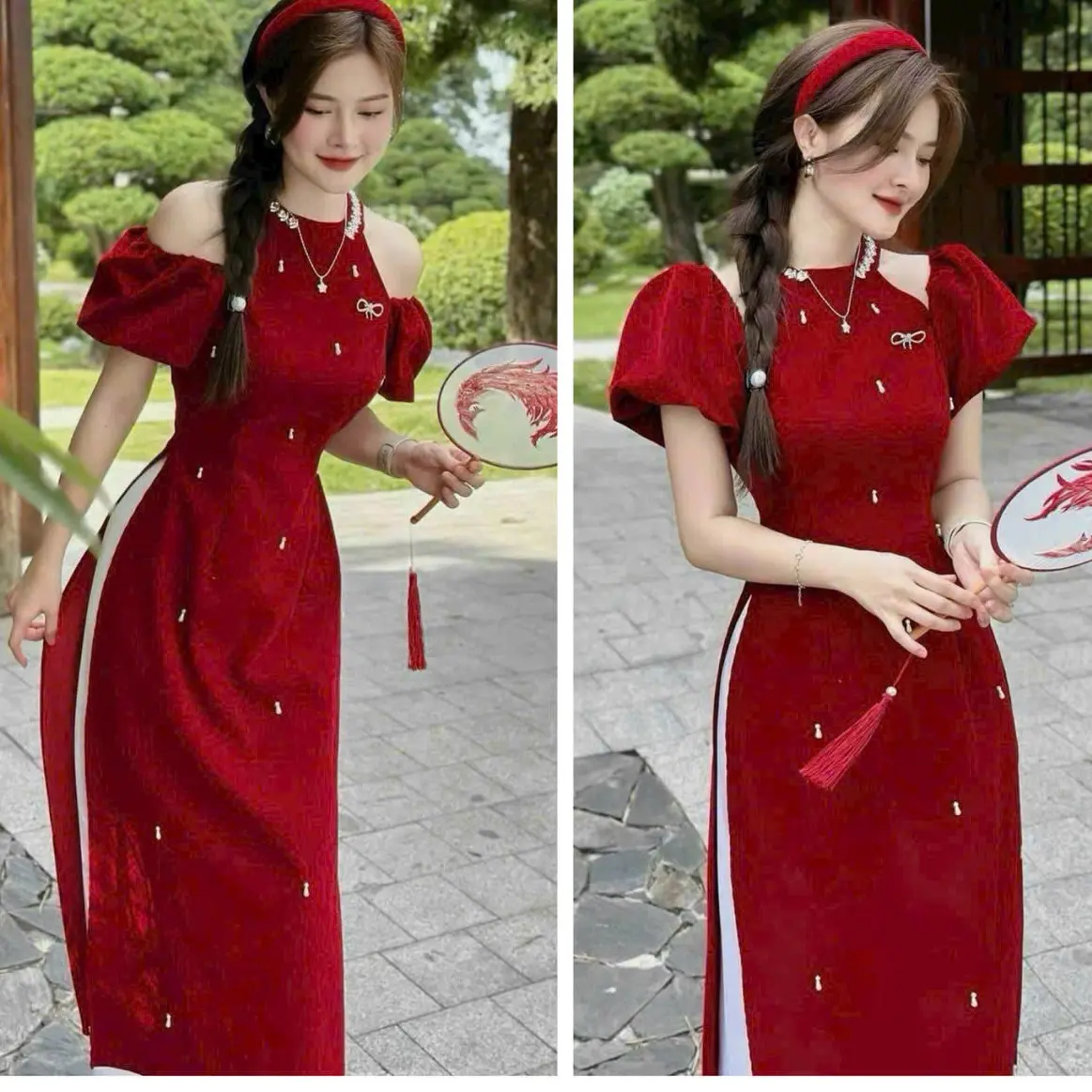 Sét áo dài cách tân nữ, đính đá, chất nhung cứng, thích hợp cho dịp TẾT Women Dress Đỏ