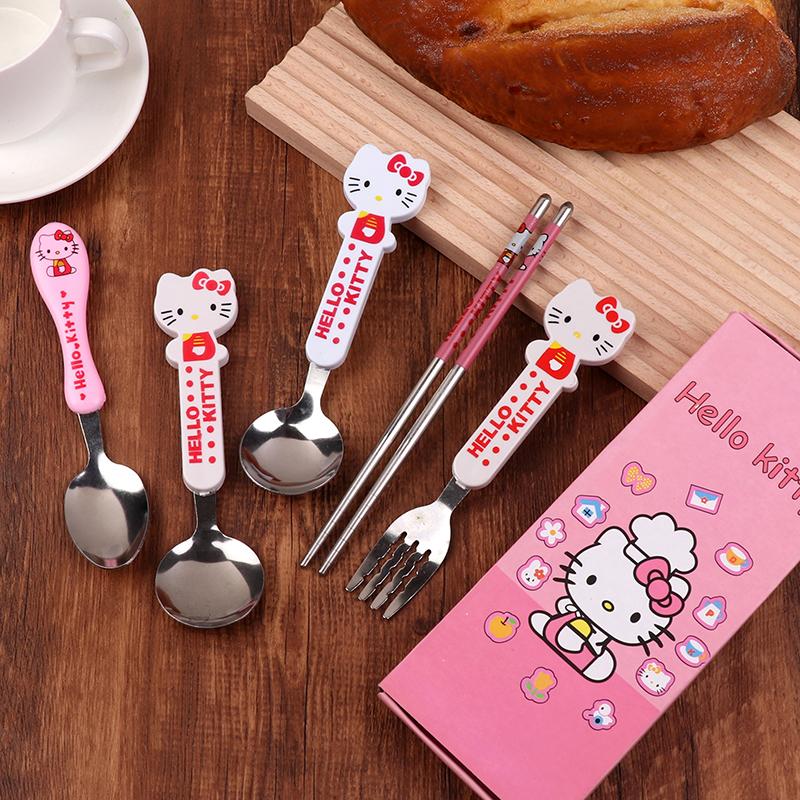 Bộ Dụng Cụ Bàn Ăn Hello Kitty, Kawaii, Có Thìa, Đũa Và Nĩa, Thiết Kế Hình Mèo Sanrio KT, Làm Bằng Thép Không Gỉ, Bộ Đồ Ăn Cầm Tay Bộ Đồ Ăn Anime