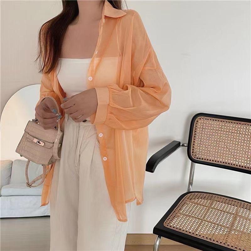 Áo sơ mi mỏng xuyên thấu nhiều màu dáng rộng freesize thời trang nữ Famos 1