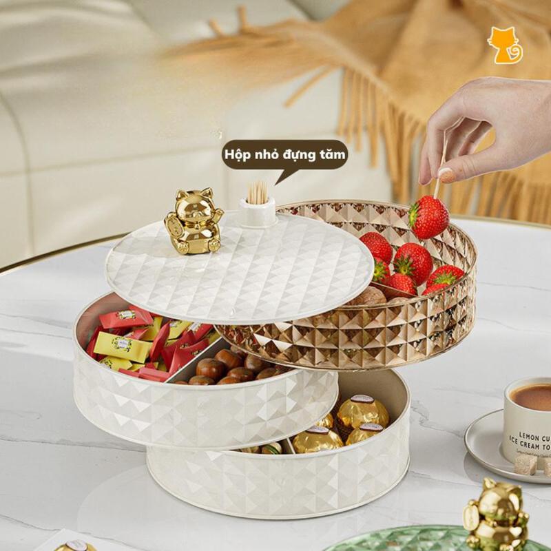 Khay đựng kẹo tết kim cương 3 tầng Xoay 360 Độ Tiện Lợi Hộp Đựng Kẹo Mứt Tết Thông Minh 2024
