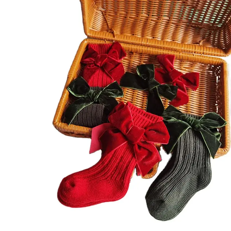 ins children's Spanish autumn and winter new big bow wool baby socks solid color mid-tube socks short socks