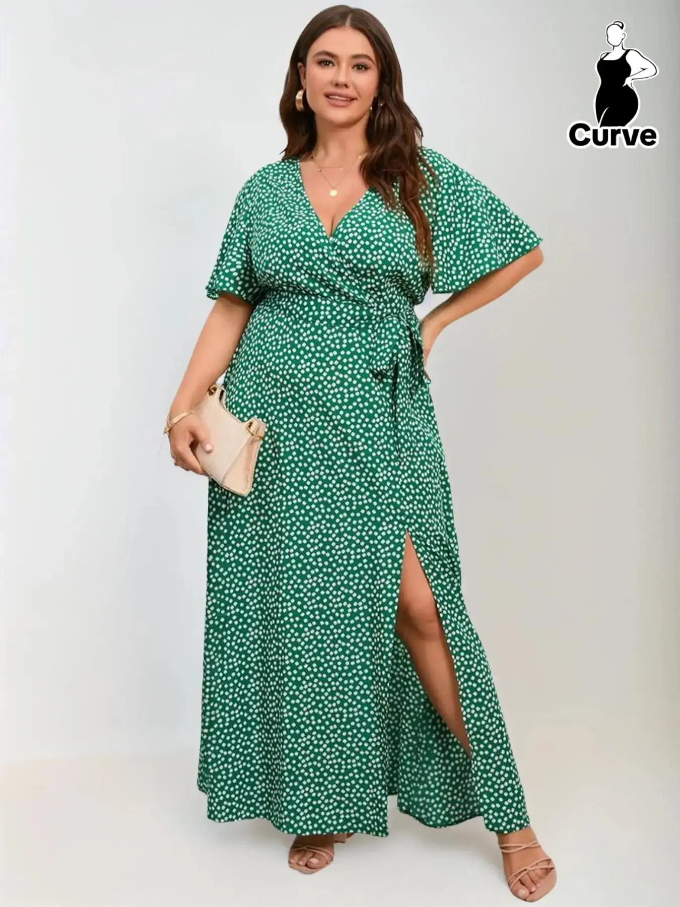 Plus Size Loose Ditsy Floral Wrap Deep V Neck Tie Side Split Thigh A-line Dress, Summer Clothes Women, Boho Maxi Dresses, Ladies Clothes, Summer Outfits, Birthday Dresses for Women, Summer Dresses, Festival Outfits, Homecoming Dresses, Plus Size Dresses