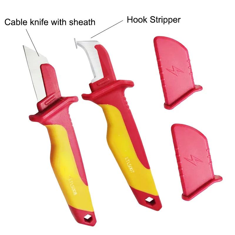 Product Introduction of Electrician Knife Insulated Cable Stripping Snips Straight Curved Hook Fixed Blade Knife Wire Stripper Peeling Hand Tools 18