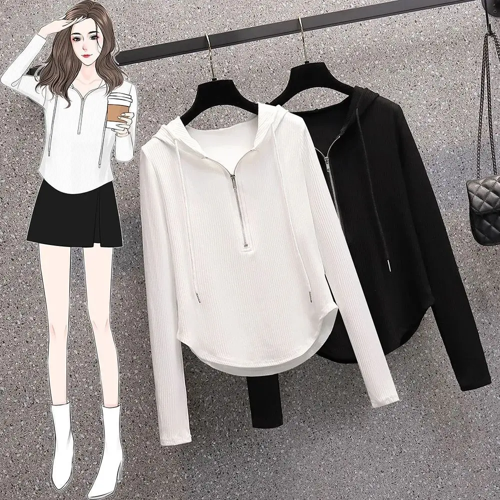 Áo Hoodie Sợi Có Dây Rút Áo Thun, Dành Cho Nữ, Áo Dài Tay, Bộ Sưu Tập Xuân Thu 2024, Mỏng Vừa Vặn, Bó Sát, Thiết Kế Dễ Phối Đồ Áo Mặc Trong