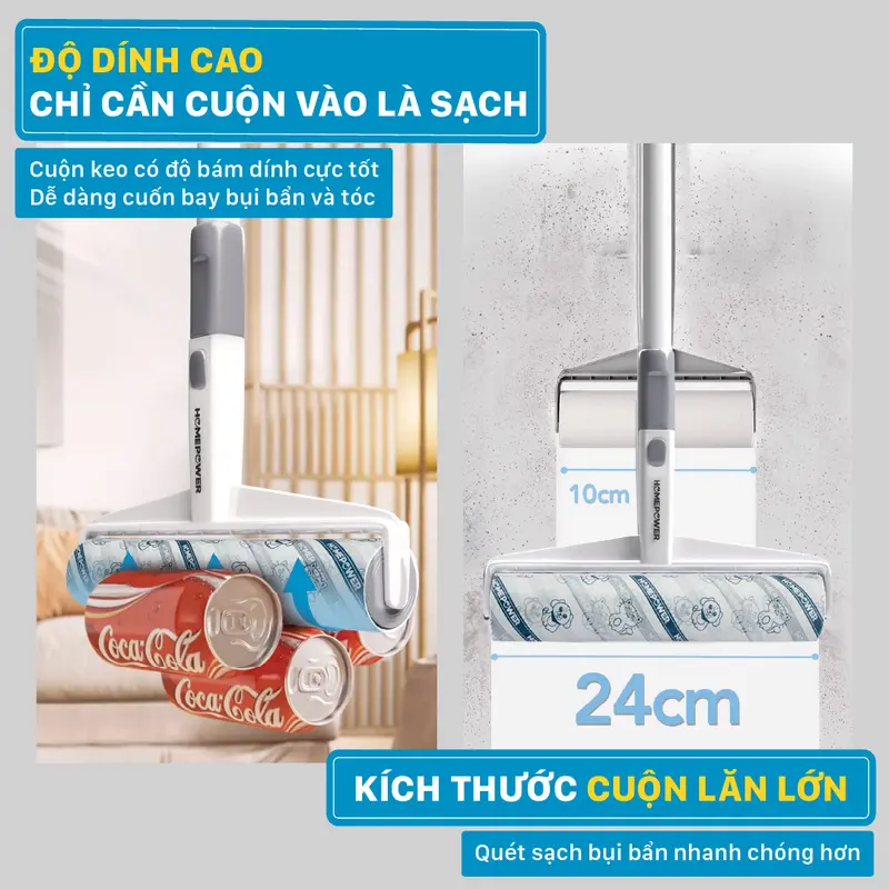 Cây lăn bụi sàn nhà 24cm CB-01 Homepower 60 tờ/cuộn - Keo siêu dính, tay cầm dài, kích thước lớn 2