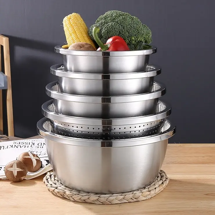 Baskom Set Isi 5 Pcs Bahan Stainless Steel Tebal Wadah Cuci Beras Buah Sayur
