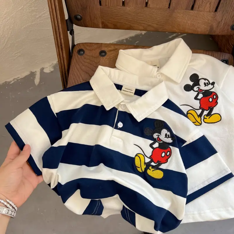 Áo Thun Mùa hè, 100% Cotton, Dành Cho Trẻ Em Nam Và Nữ, Cỡ Trung Bình Và Lớn, Cổ Áo bẻ xuống, Sọc Hoạt Hình, ngắn Tay, Áo Polo, Thời Trang, Hợp Xu hướng, Dễ Phối Đồ