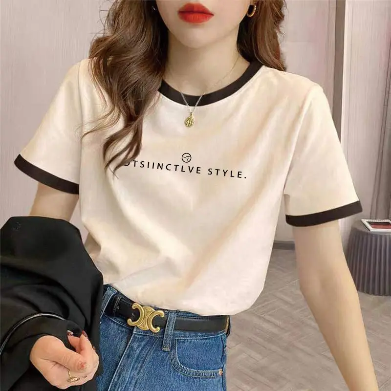 Áo Thun Ngắn Tay, Thiết Kế Cổ Tròn Thường Ngày Sợi, Dành Cho Trang Phục Mùa Hè Của Phụ Nữ, Hàng Mới Về, Chắp Vá Màu Tương Phản, Bó Sát, Phong Cách Mỹ, Ins