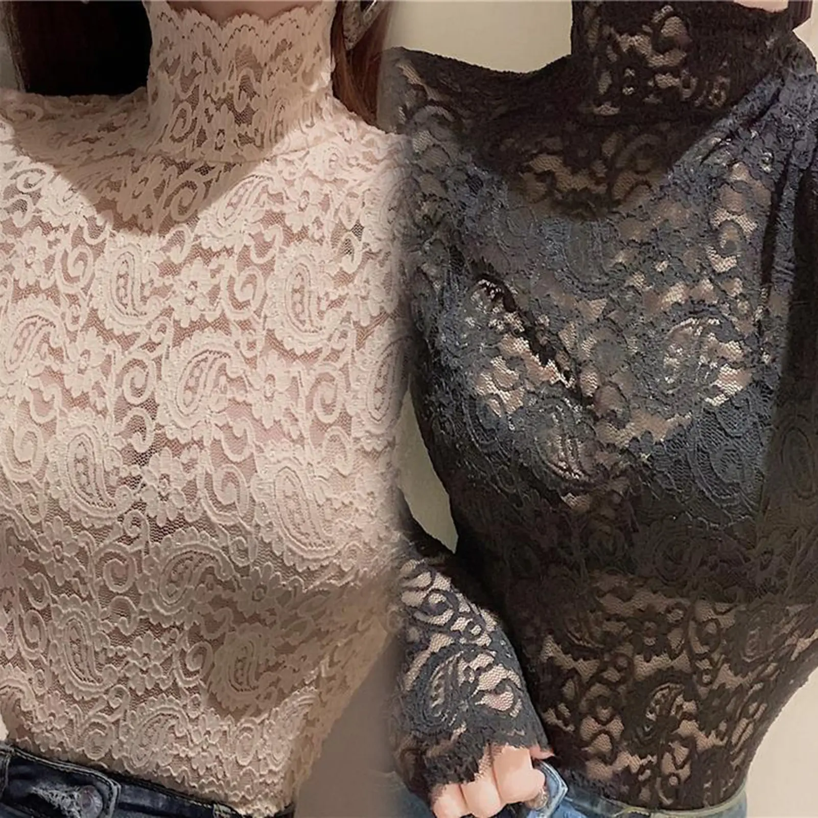 Áo Cổ Lọ Dài Tay Cho Nữ, Phối Cảnh, Áo Dưới Mỏng, Thêu Hoa, Đan Ren, Rỗng