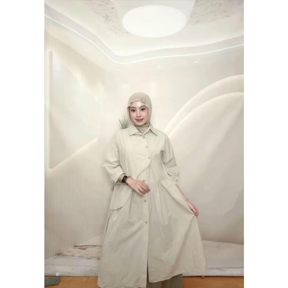 PO30 CHICMORE Gaun kemeja lengan tiga perempat dengan warna polos dan rok midi