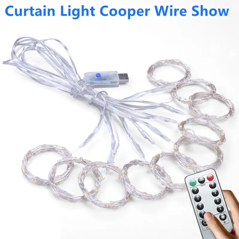 Rèm Đèn Ngoài Trời Icicle, 3Mx3M, 300LED, Dây Đèn Lãng Mạn Để Trang Trí Đám Cưới Và Giáng Sinh, Với Điều Khiển Từ Xa 13 Phím, Nguồn Điện USB 4