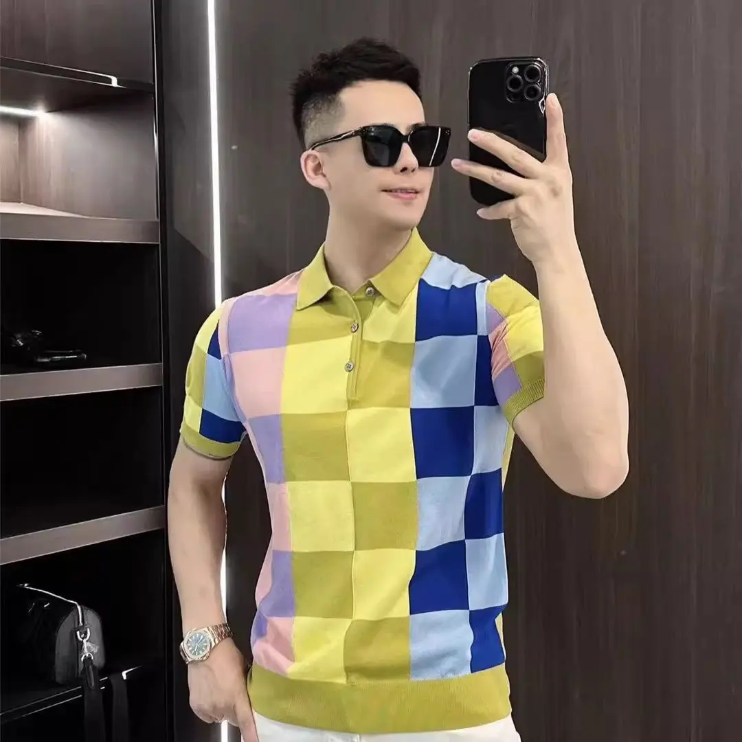 Áo Polo, Hàng Châu Âu Thời Trang, Hàng Mới Về Mùa Hè, ngắn Tay, Ve Áo, Khâu Kẻ Sọc, Dáng Ôm, Áo Thun Nam Thường Ngày Công Sở