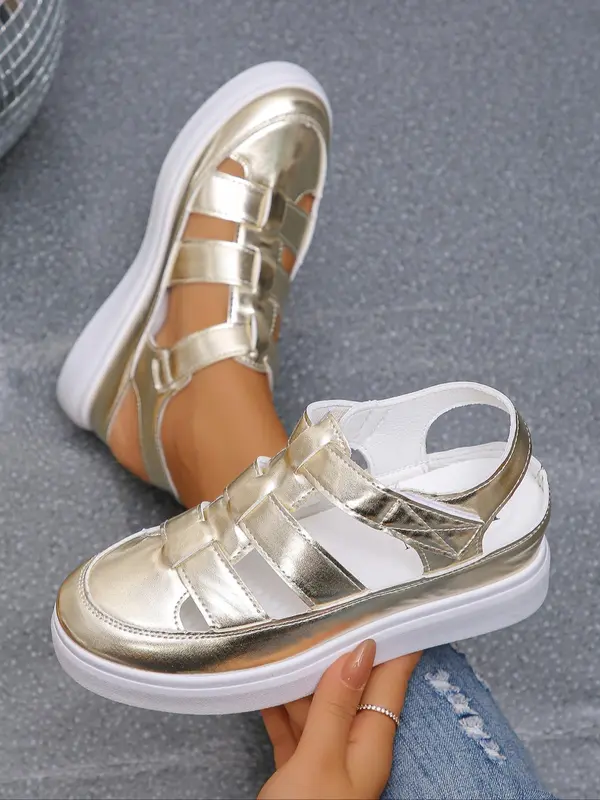 Women's Fashionable Hollow Out Design Velcro Wedges Sandals, Solid Color Platform Sandals, Casual Vacation Beach Sandals, Fashion All-match Summer Sandals for Daily Wear 2