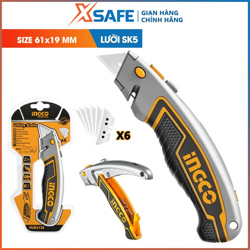 Dao rọc cáp cao cấp đa năng Ingco dao rọc giấy Lưỡi SK5 61x19mm, Kèm 6 lưỡi dao, tay bọc cao su chống trơn 0