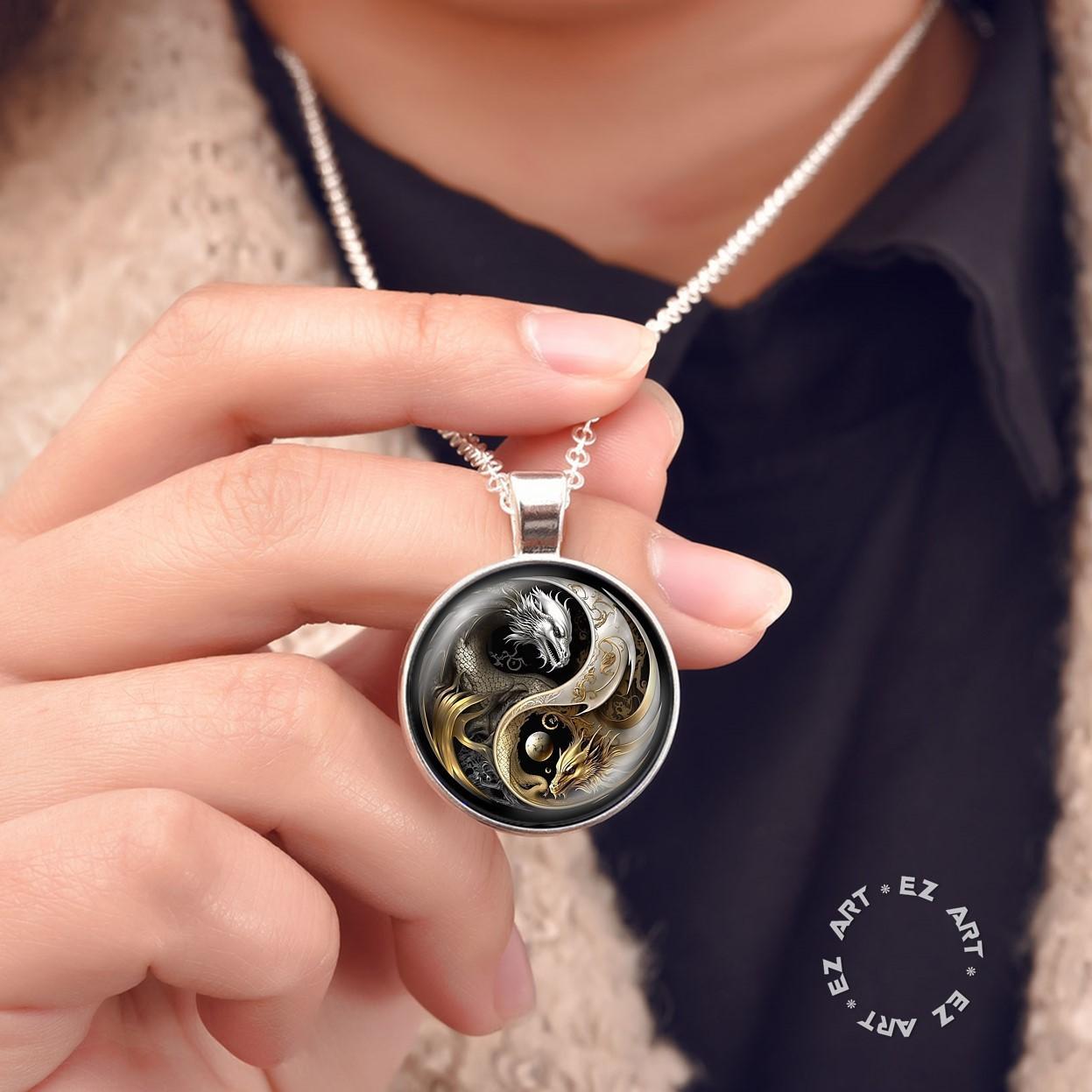 Kalung Liontin Yin Yang Art Kaca Cembung Tali Kulit Rantai Stainless Steel