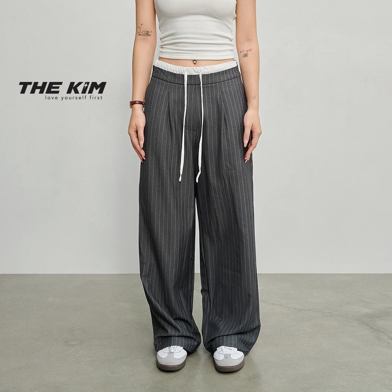 THEKIM Quần dài nữ ống suông rộng kẻ sọc phối cạp trắng , quần ống xuông rộng phối cạp chun trắng B286