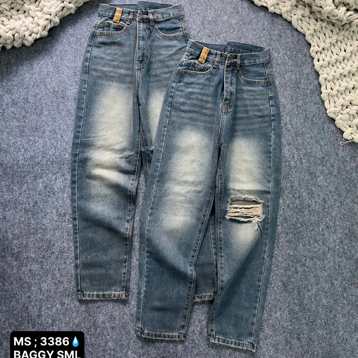 Quần baggy jean nữ lưng cao không giãn - rách Gối Women Pants-  mẫu Cá tính bụi 3386