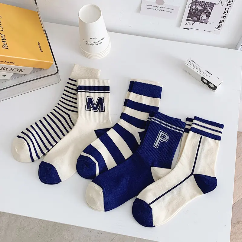 Bộ Tất, 5 Đôi, Hàng Mới Về Mùa Xuân Và Mùa Hè, Tất Nữ Cotton Nguyên Chất, Phong Cách Tối Giản, Tất Sọc Xanh, Thích Hợp Cho Thể Thao, Tất Nữ