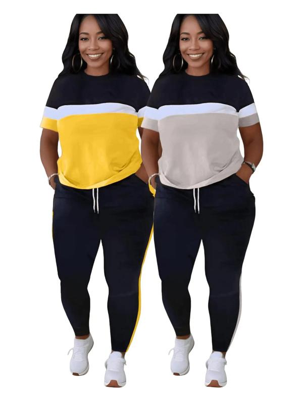Lovelywholesale Two-piece Set Plus Size Colorblock Short Sleeve Tee & Drawstring Pocket Jogger Pants Set, Mean Girls Outfit, Co-ord Set for Women, Comfort Lady Co Ord Set, Casual Summer Clothes Set, Plus Size 2 Piece Sets 8