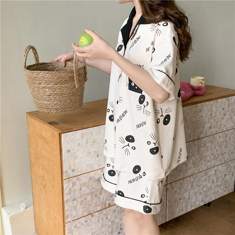 Product Introduction of Bộ Đồ Ngủ Mùa Hè Cho Nữ, Có Đệm Ngực, Áo Cardigan ngắn Tay, Quần Đùi, Bộ Đồ Mặc Ở Nhà Dễ Thương, Hàng Mới Về, Với Thiết Kế Hình Mèo, 2024 11