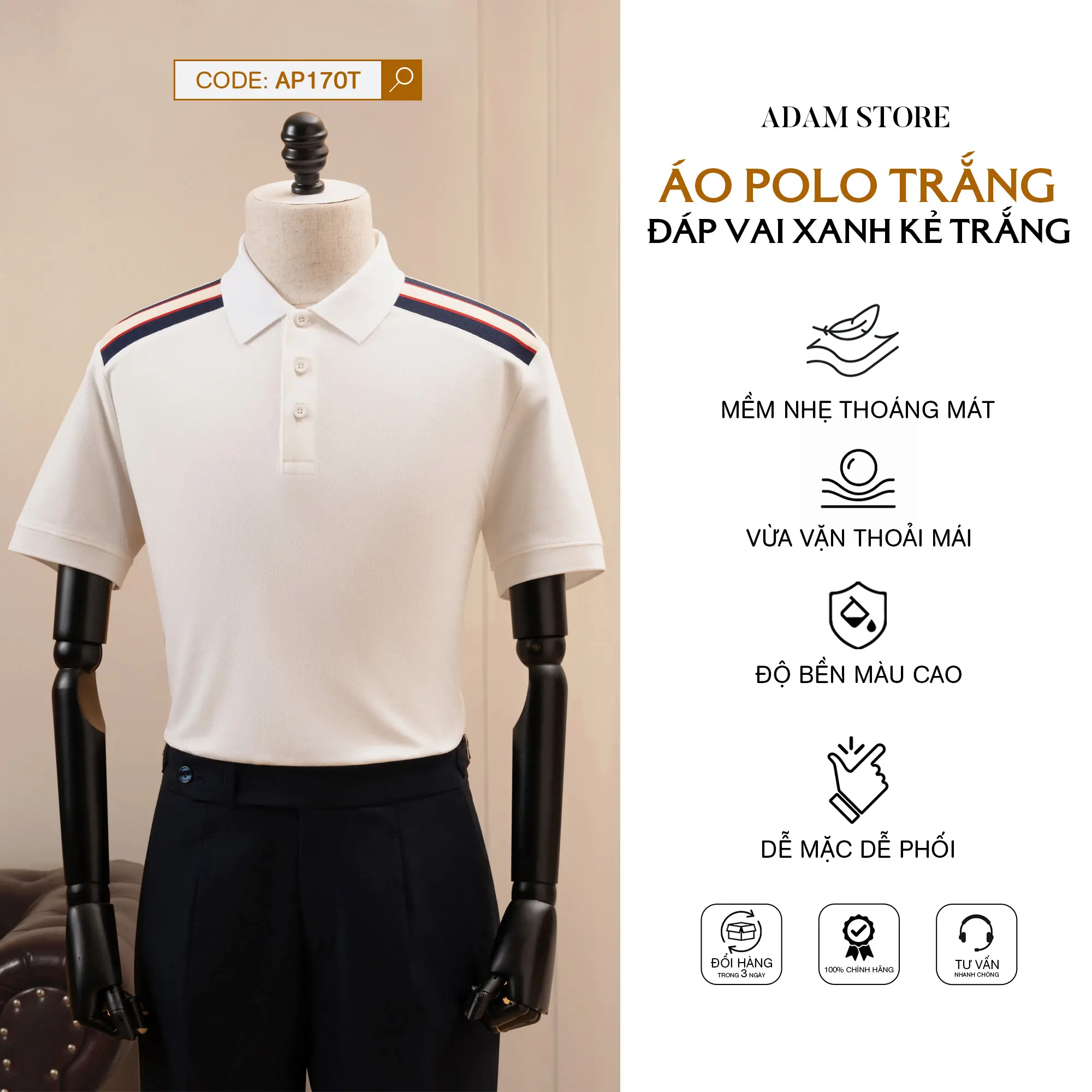 ÁO POLO ADAM STORE TRẮNG ĐÁP VAI XANH KẺ TRẮNG AP170T Menswear Nam