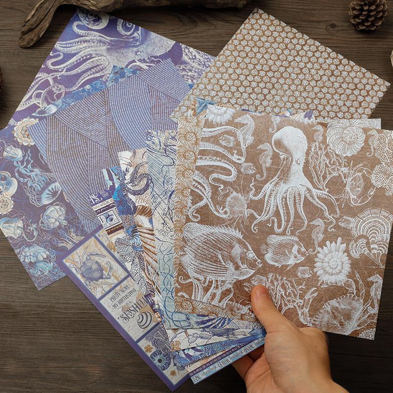 Product Introduction of 16sheets Marine Life Themed Vintage Material Paper, Retro Handbook Background Paper, DIY Decoration For Scrapbooking & Journal Making 9