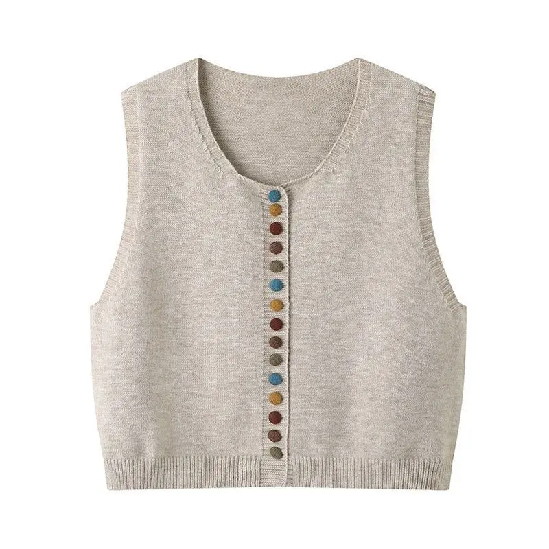 Áo Vest Không Tay Khóa Màu, Dệt Kim, Cổ Tròn, Dáng Rộng Vừa Vặn, Hàng Mới Về Mùa Thu, Áo Len, Dành Cho Nữ, Phong Cách 202 400, Phù Hợp Top Women 6