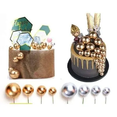 Topper Cake Bulat Bola Emas, Silver, Pink, Biru dan Putih 0