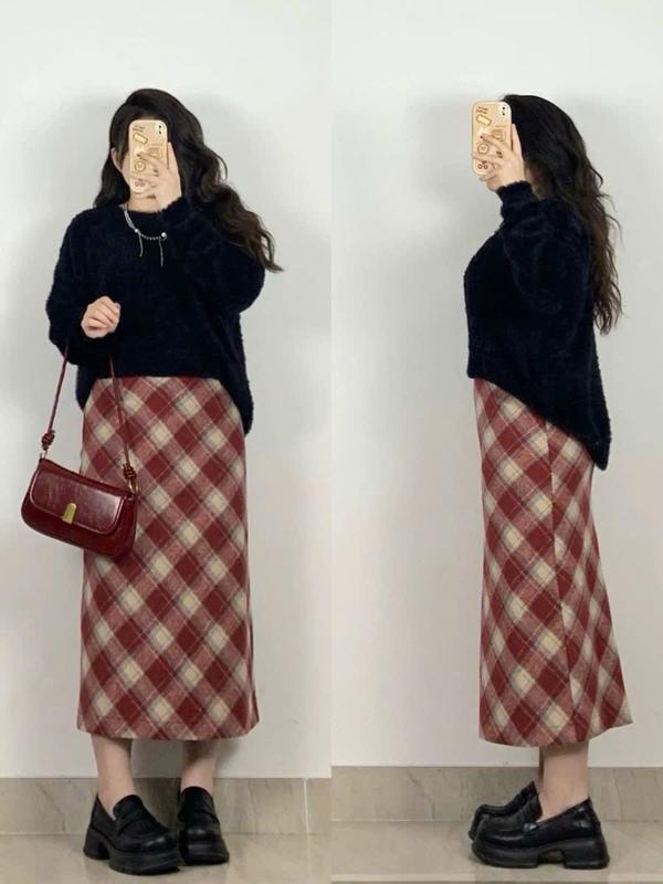 [Bigsize]Chân váy 05 kẻ caro dáng dài basic cạp cao, khoá kéo, chất dạ che khuyết điểm đùi to đủ size 55kg đến 100kg