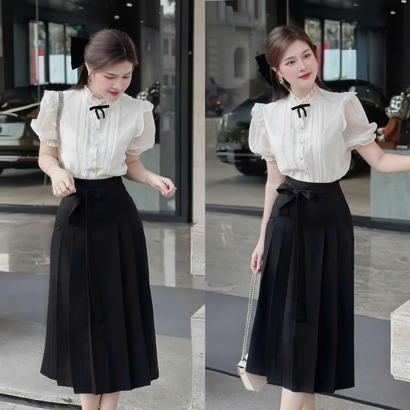  Set đồ nữ áo sơ mi lụa phối tay voan bồng đính nút đính nơ kèm chân váy dài xếp ly sang chảnh dành cho các nàng diện đi chơi đi tiệc Women Top 